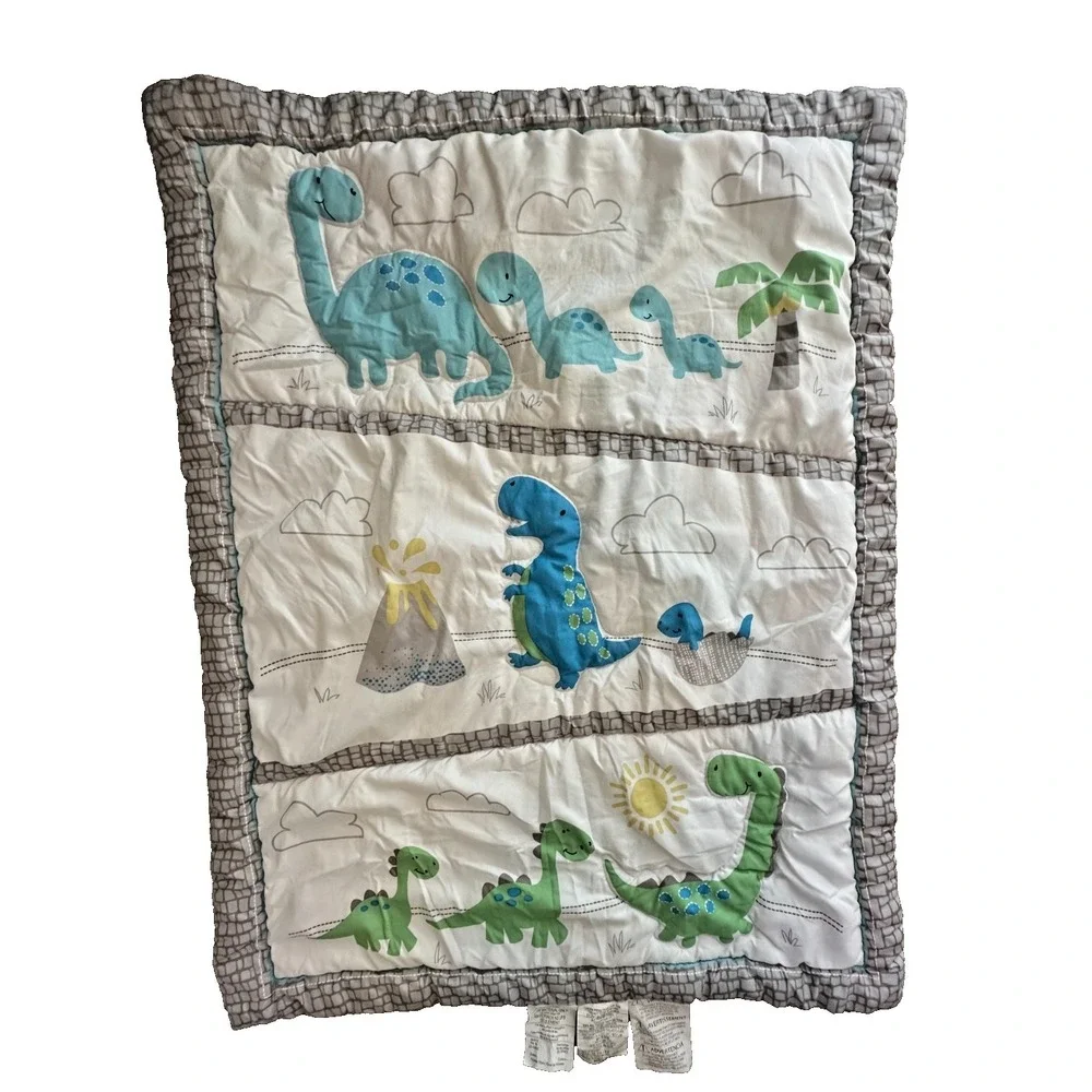 Trend Lab Sammy and Lou Dinosaur‎ Pals Baby Blanket Quilt Blue Green 30x40
